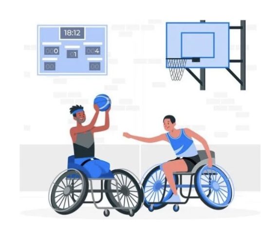 Illustration of two people playing wheelchair basketball