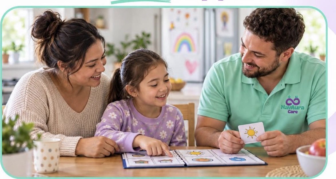 Illustration: a support worker and parent using picture cards with a child